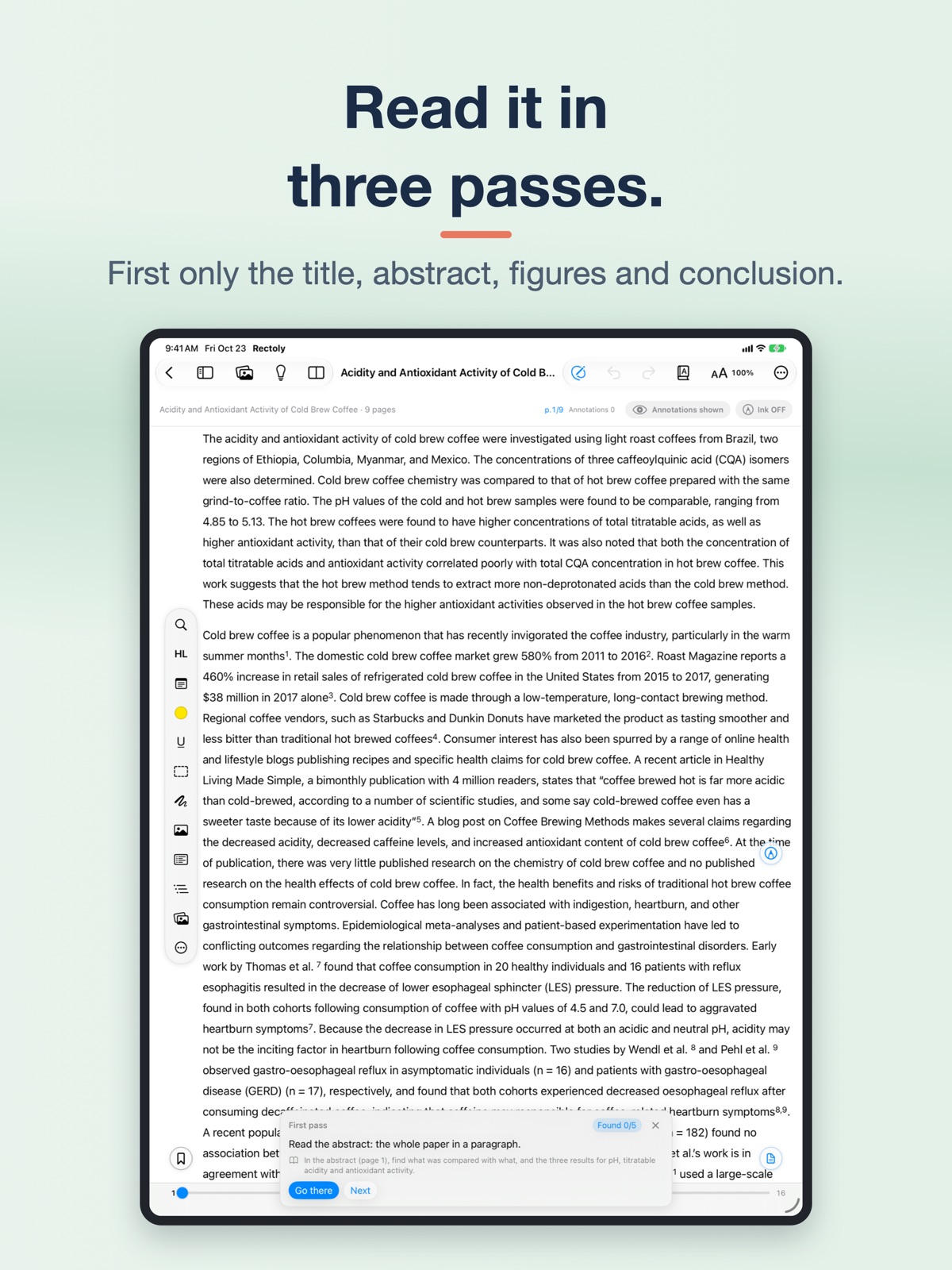 The first pass in Rectoly: How to Read Papers: title, abstract, figures and conclusion, with the next part to read marked