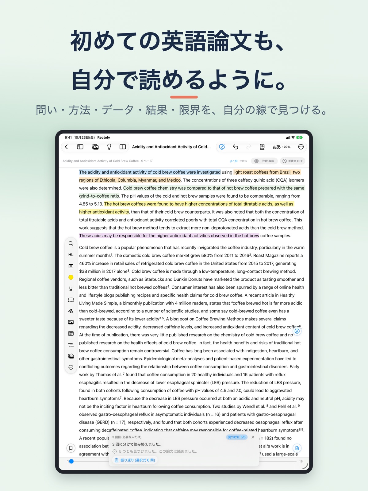 「Rectoly:学術論文の読み方」の 5 つの問い: 問い・方法・データ・結果・限界。それぞれに、答えの場所に引いた線