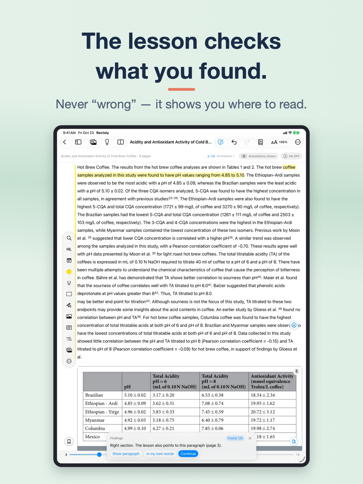 Checking a highlight in Rectoly: How to Read Papers: the app shows whether the highlighted passage is where the paper answers the question
