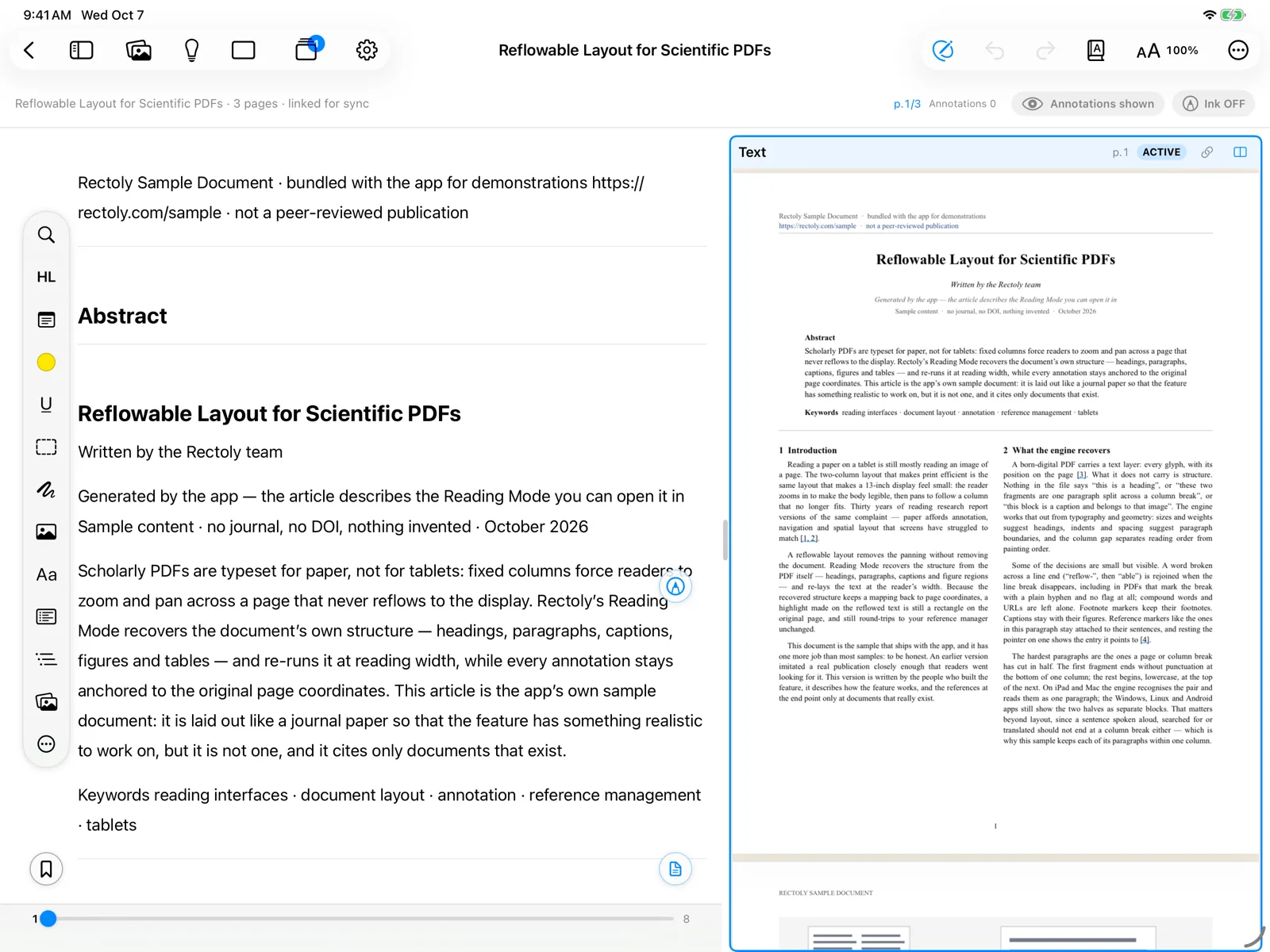 O modo de leitura ao lado do PDF