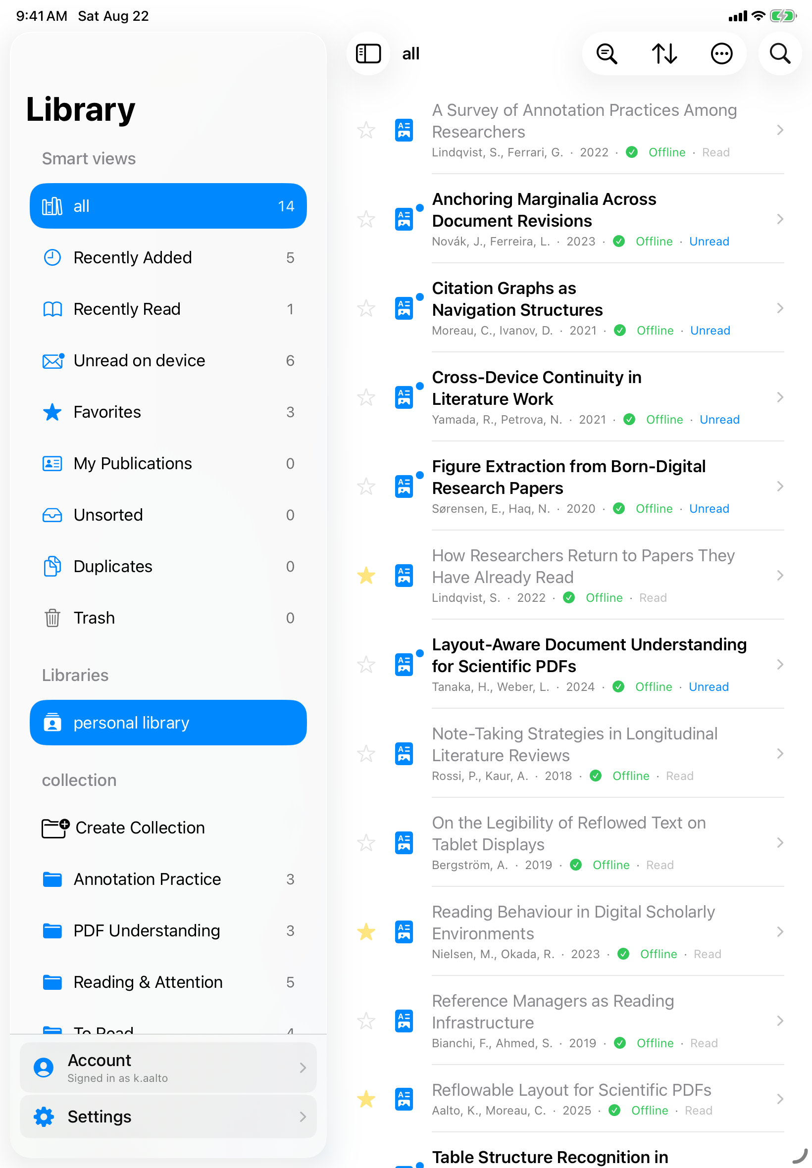 Library view synced with Mendeley