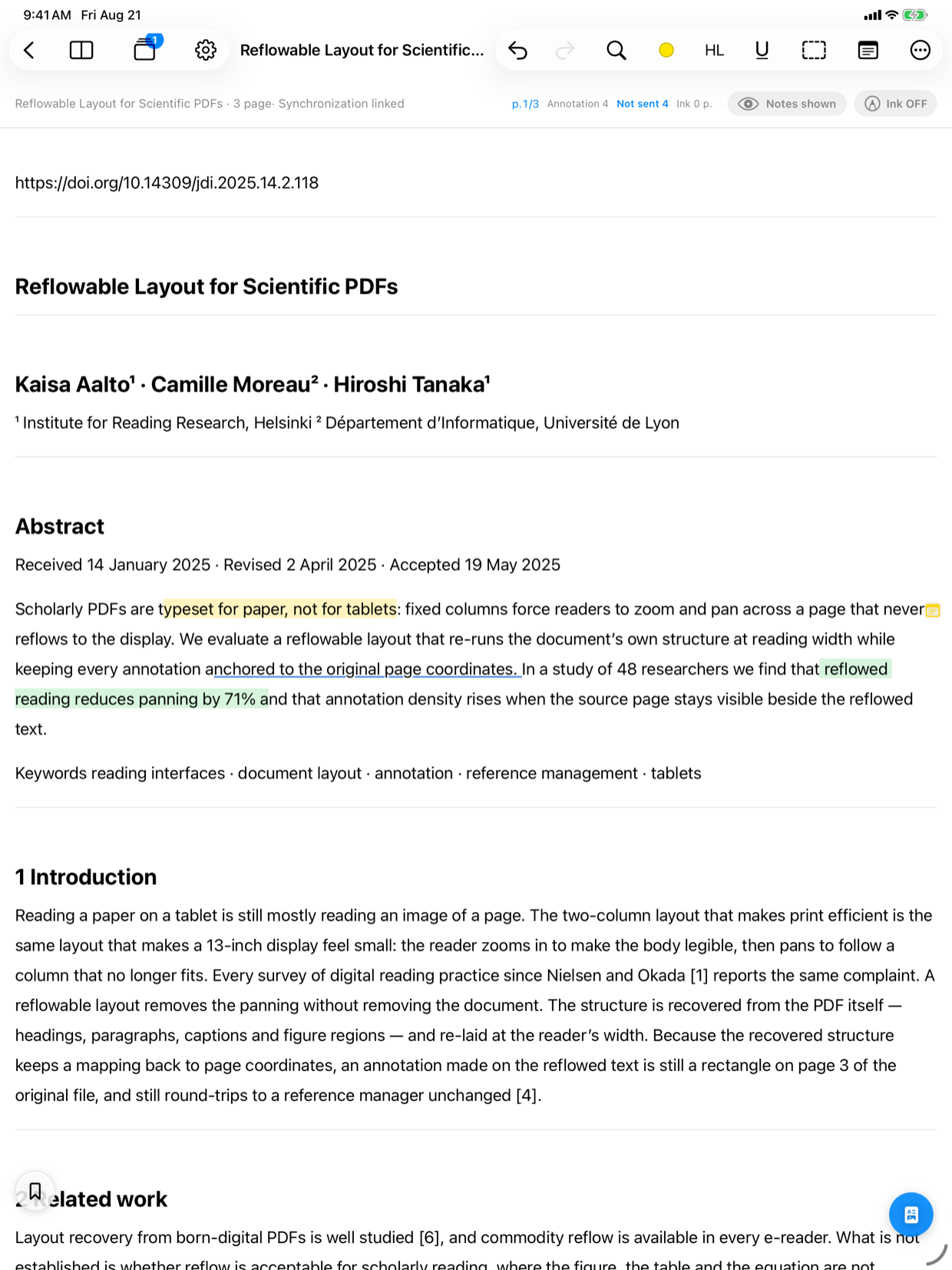 Highlights and underlines on a paper in Reading Mode