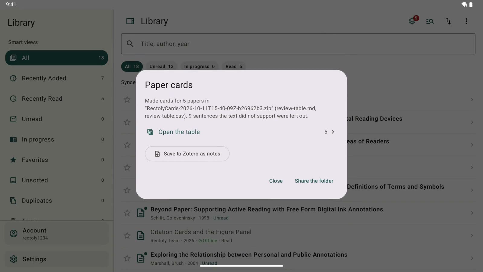 On an Android tablet: Paper cards… in the library’s menu, the cards being made, and the count of sentences the text did not support