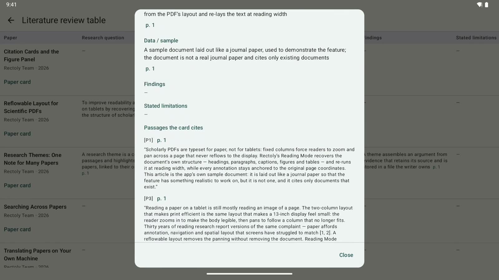 One paper’s card on an Android tablet: its fields with a page after each sentence, then the passages it cites, quoted