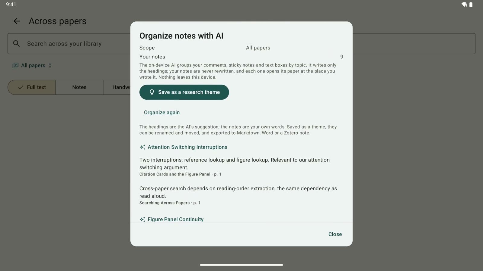 Rectoly on an Android tablet: Across papers, with the notes from many papers grouped under headings the AI wrote