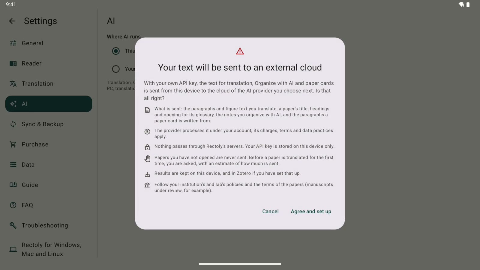 Settings › AI on an Android tablet: Where AI runs, with This device chosen, then what choosing Your own API key says before anything is sent