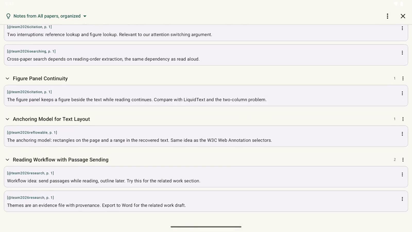 On an Android tablet: the result saved as a research theme and opened as an outline, the headings with the notes under them