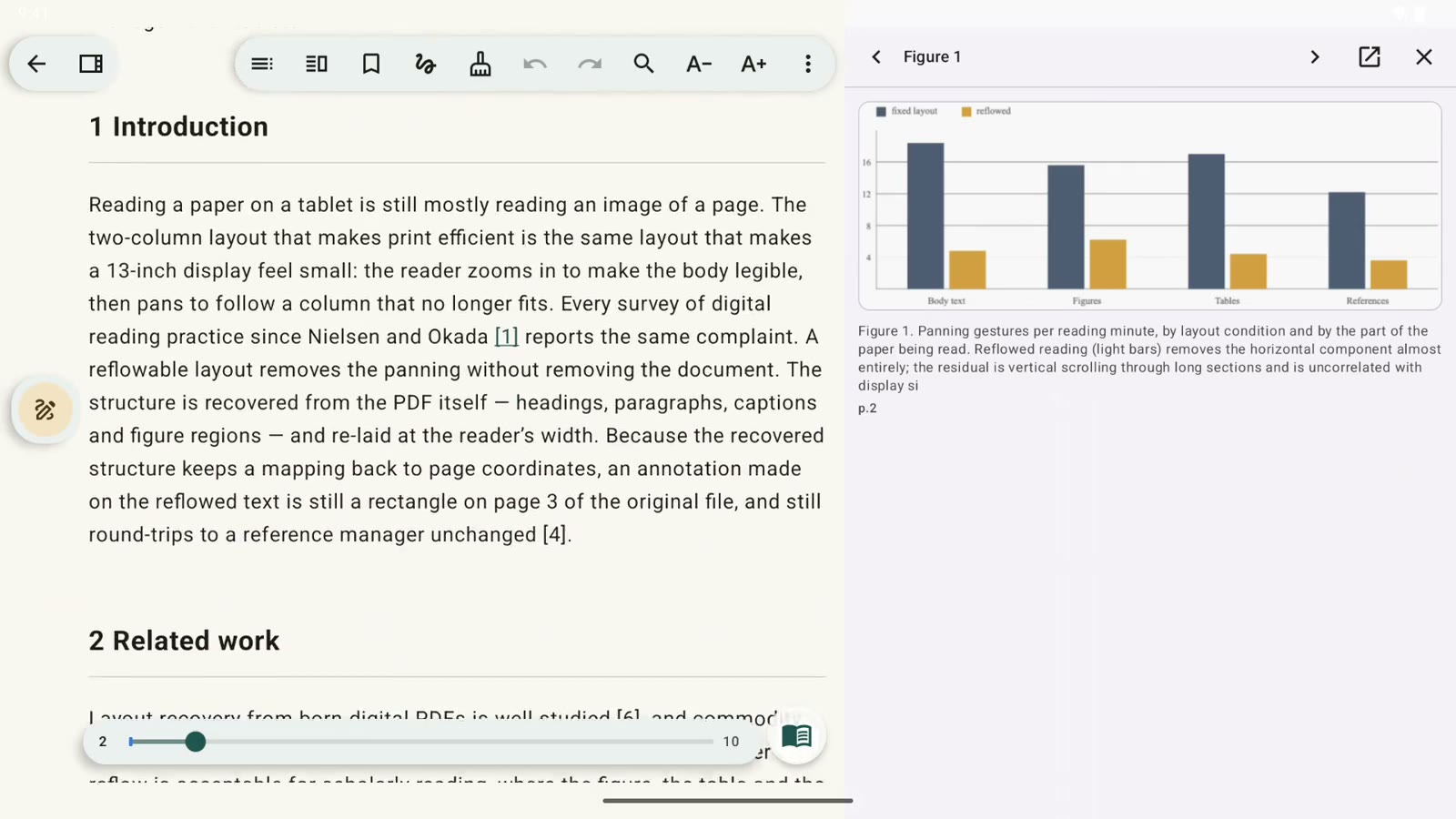 Rectoly على جهاز Android لوحي: ملف PDF في وضع القراءة، مع تمييز وتسطير، ثم بجانب صفحته الأصلية مع شكل مثبّت