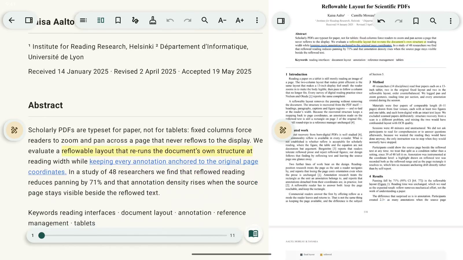 وضع القراءة بجانب صفحة PDF الأصلية على جهاز Android لوحي