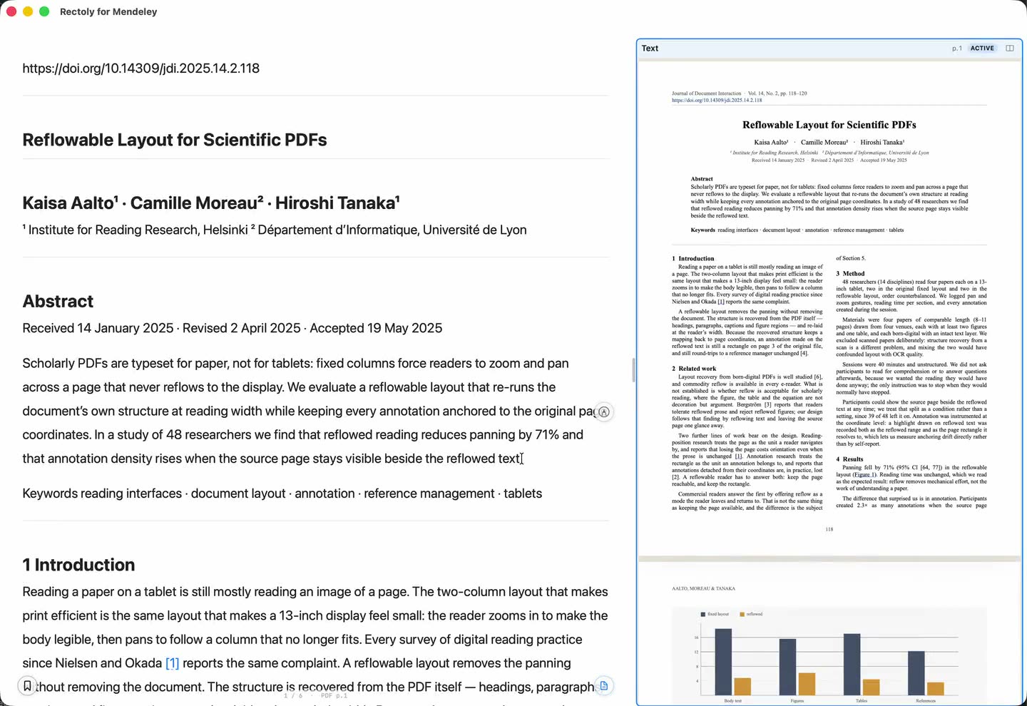 Rectoly on a computer: a paper in Reading Mode beside its original PDF page, the same highlight marked in both