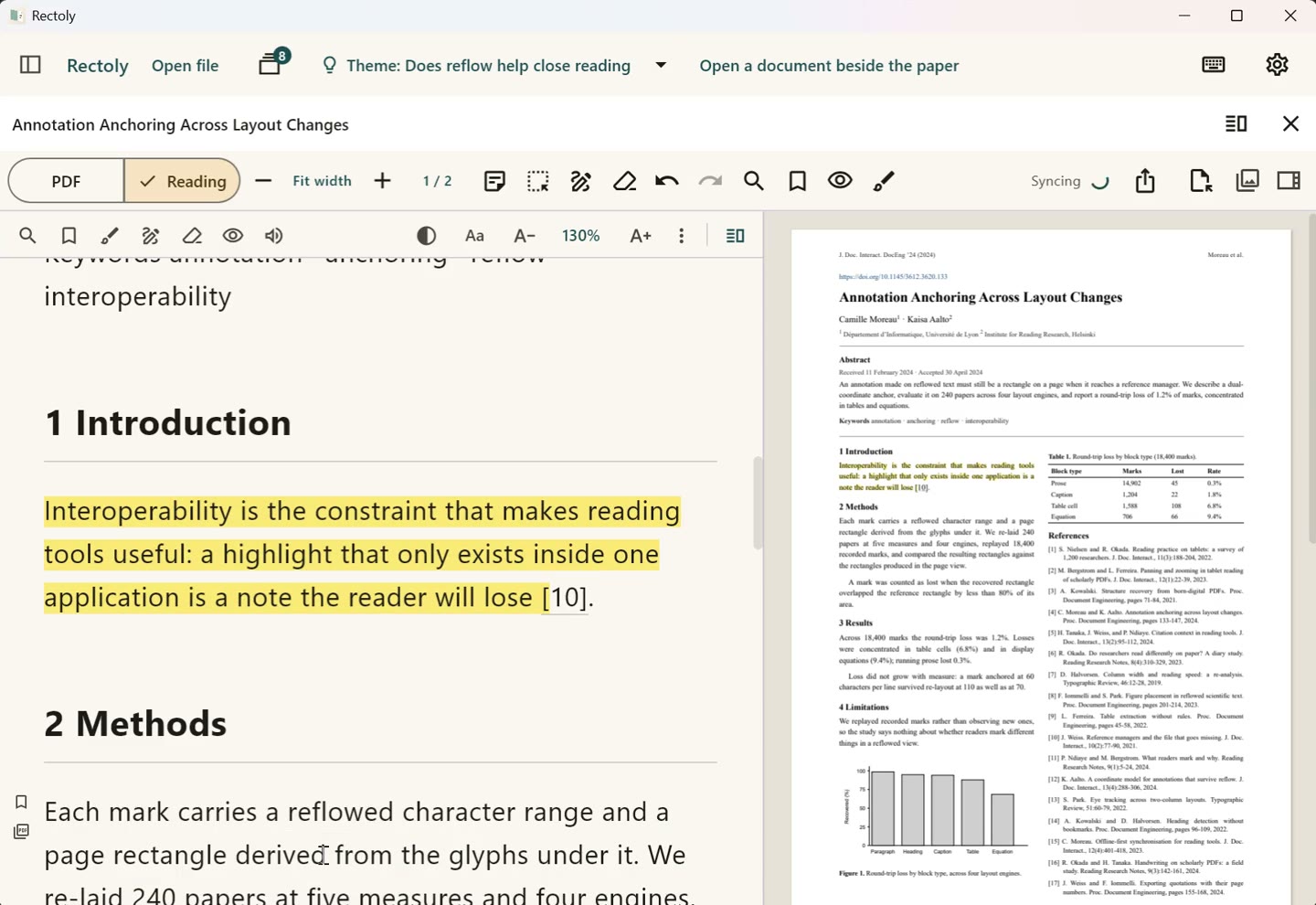 Rectoly on a computer: a paper in Reading Mode beside its original PDF page, the same highlight marked in both