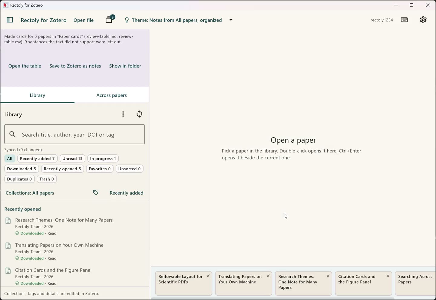 On a computer: Paper cards… in the library’s menu, the papers chosen, the cards being made, and the count of sentences the text did not support