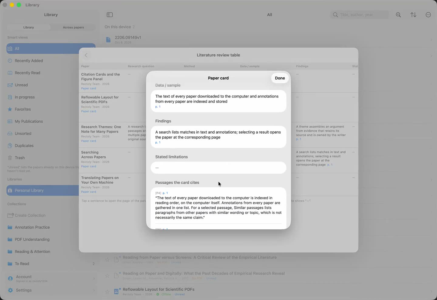 One paper’s card on a computer: its fields with a page after each sentence, then the passages it cites, quoted