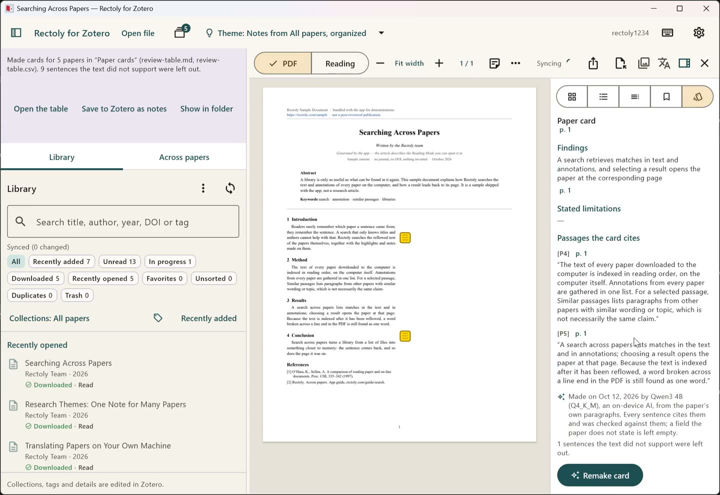 One paper’s card on a computer: its fields with a page after each sentence, then the passages it cites, quoted