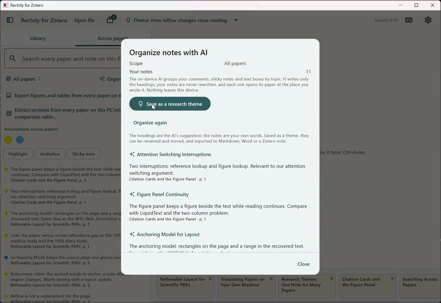 Rectoly on a computer: Across papers, with the notes from many papers grouped under headings the AI wrote