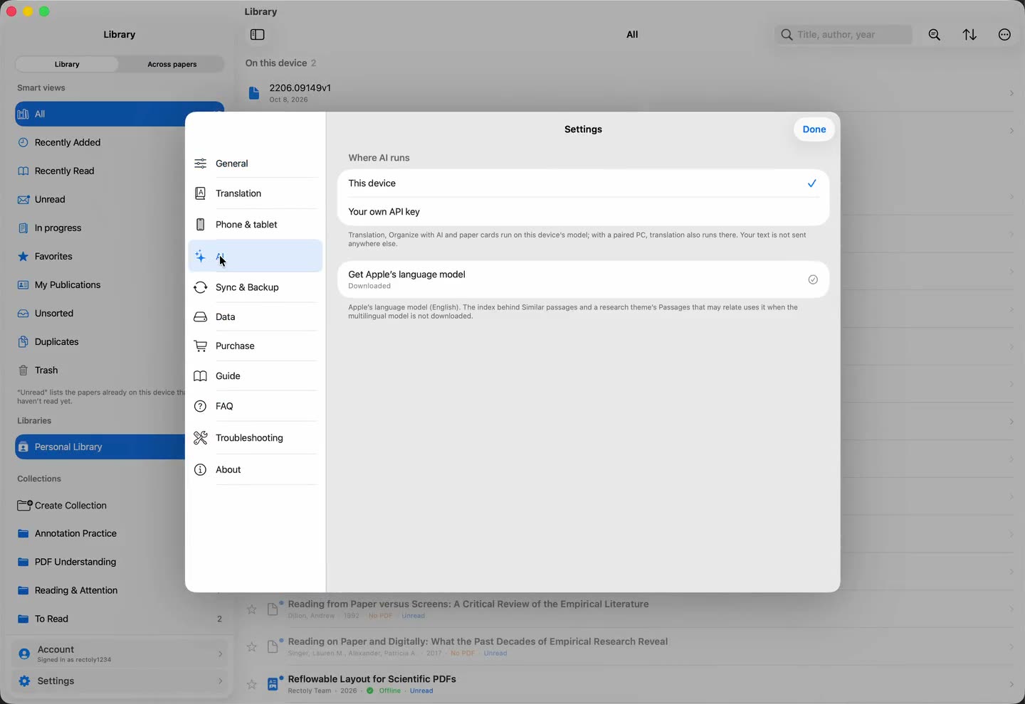 Settings › AI on a computer: Where AI runs, with This device chosen, then what choosing Your own API key says before anything is sent