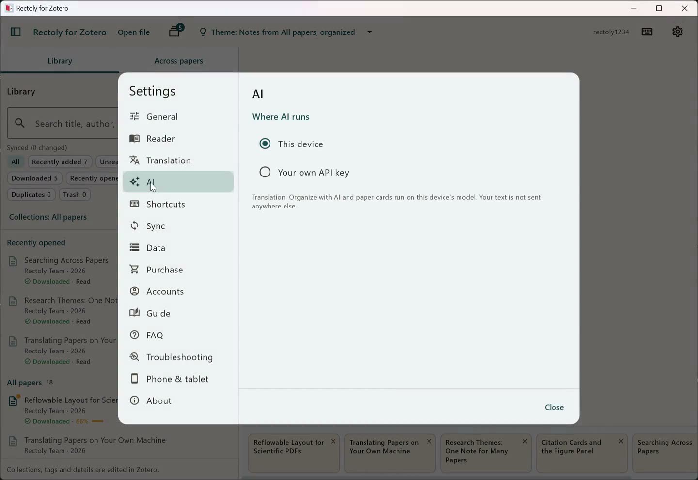 Settings › AI on a computer: Where AI runs, with This device chosen, then what choosing Your own API key says before anything is sent