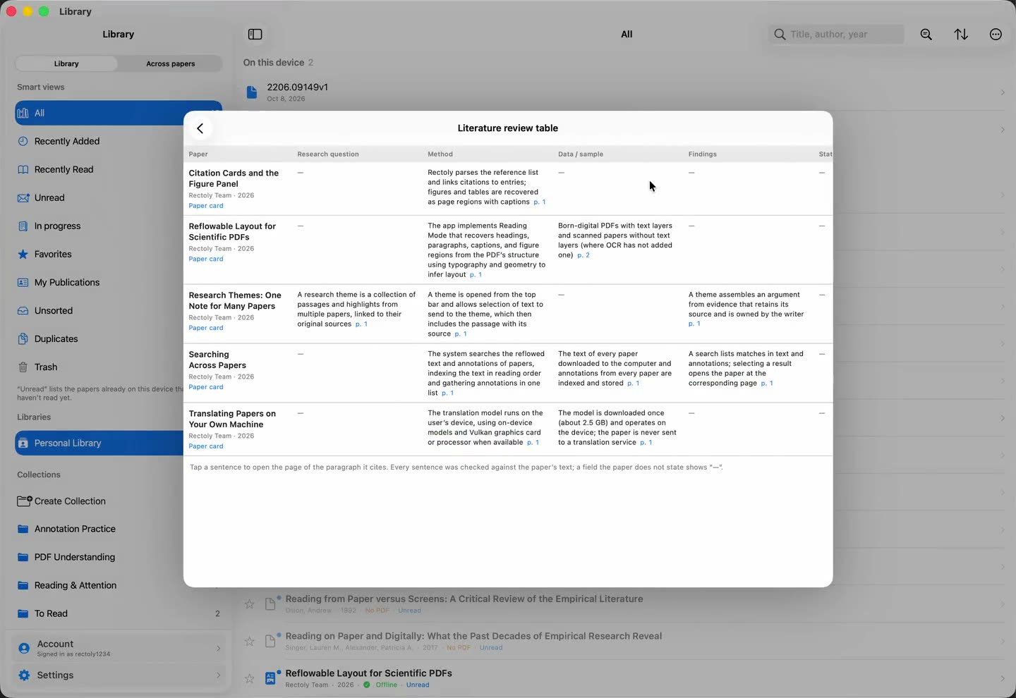The literature review table on a computer: one row per paper, a page at the end of each sentence, then a sentence opening its paper at the passage it cites