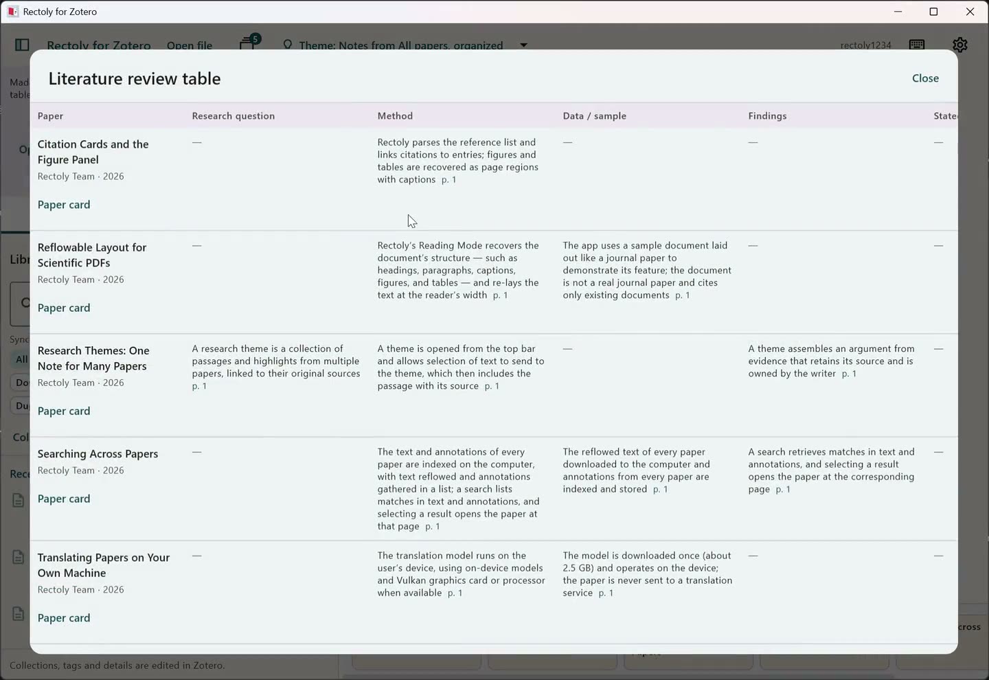 The literature review table on a computer: one row per paper, a page at the end of each sentence, then a sentence opening its paper at the passage it cites