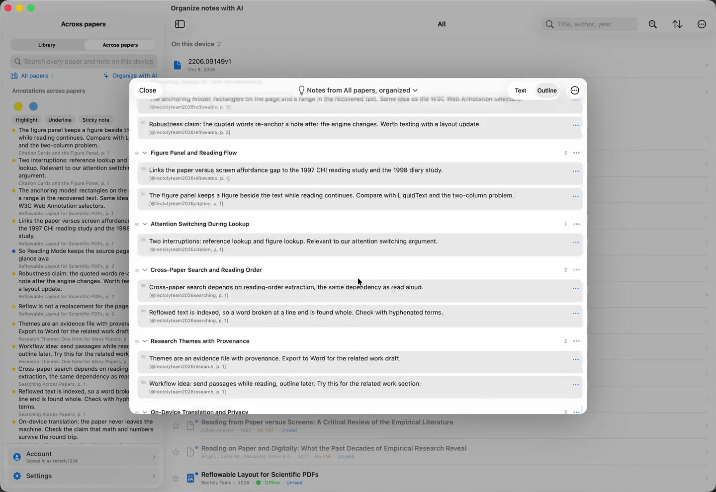 On a computer: the result saved as a research theme and opened as an outline, the headings with the notes under them