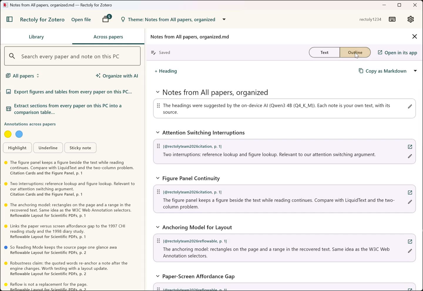 On a computer: the result saved as a research theme and opened as an outline, the headings with the notes under them