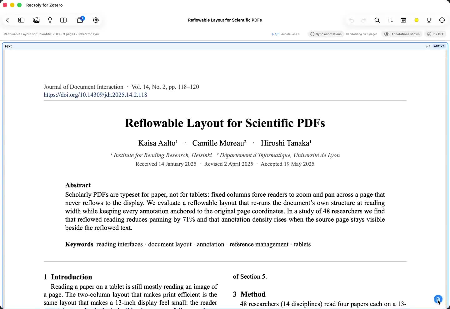 Rectoly on a computer: a two-column PDF reflowing into one-column Reading Mode