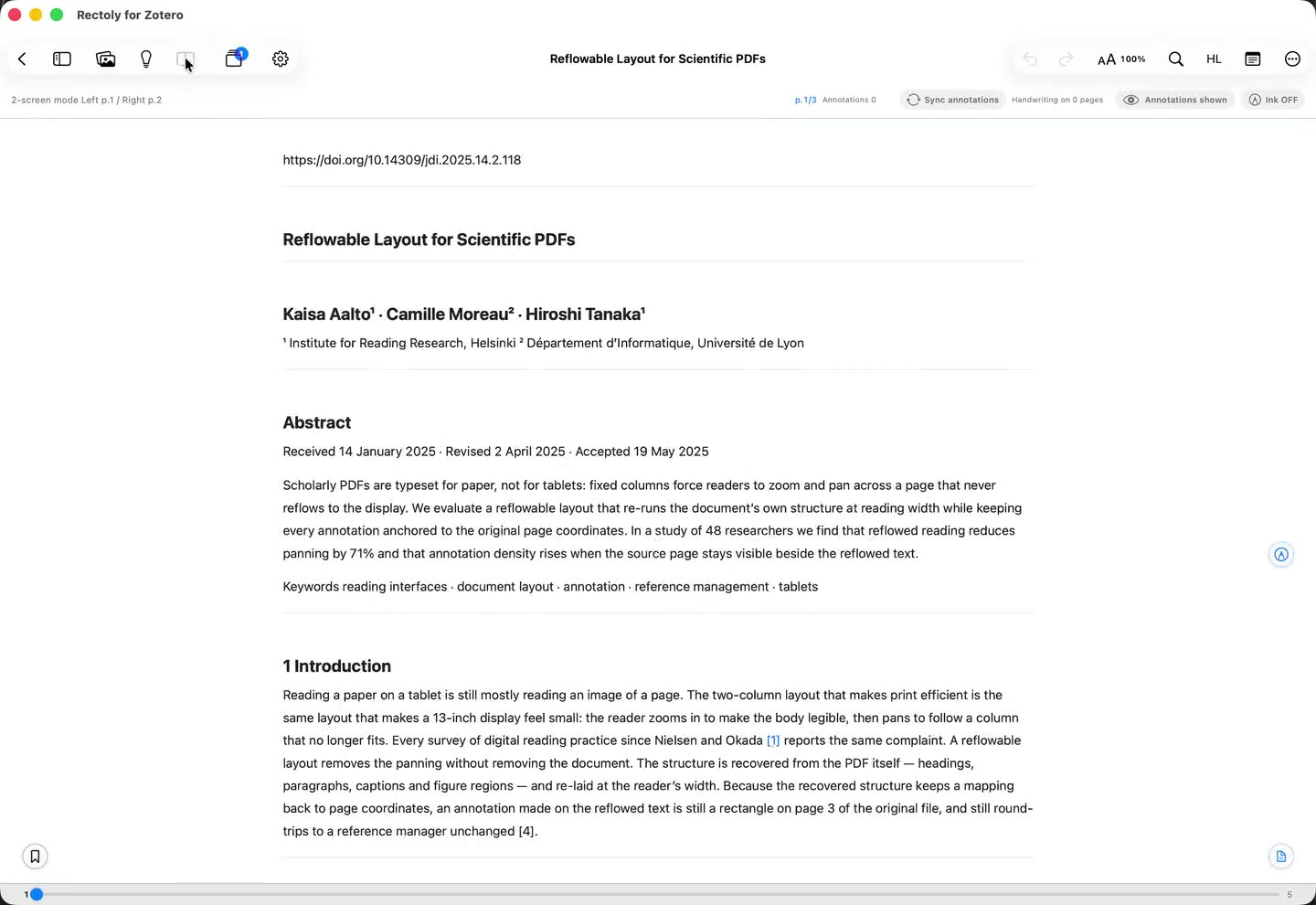 Reading Mode on one side and the original PDF page on the other, scrolling together