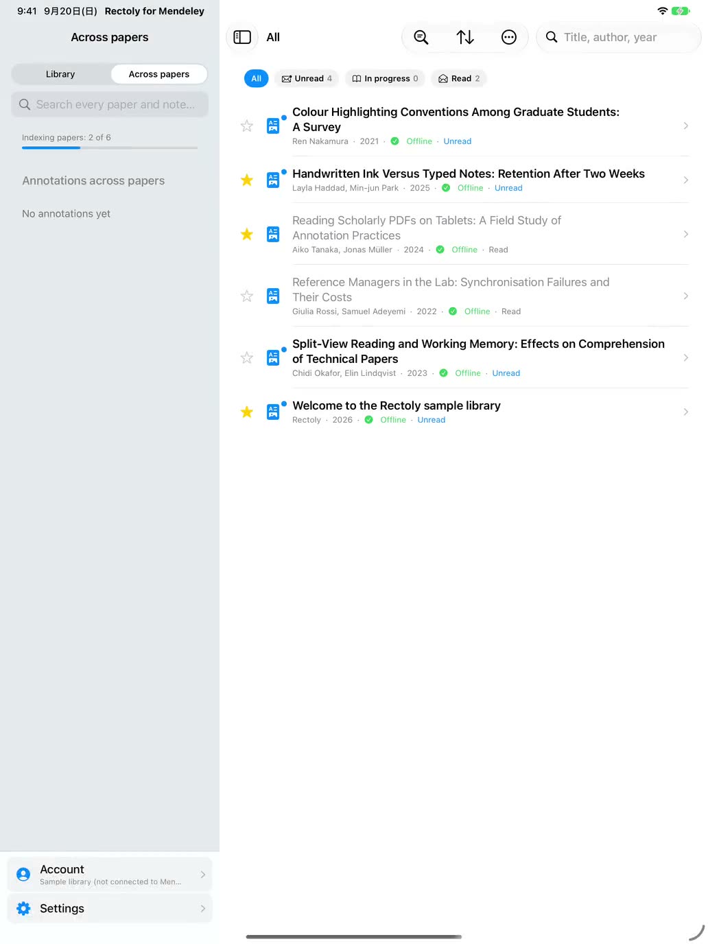 Annotations across papers, listed and searched