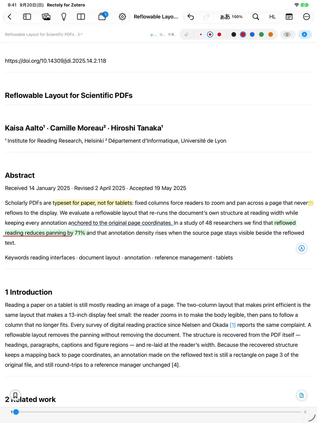 iPad の Rectoly で、論文の図に Apple Pencil で丸と矢印を書き込む様子