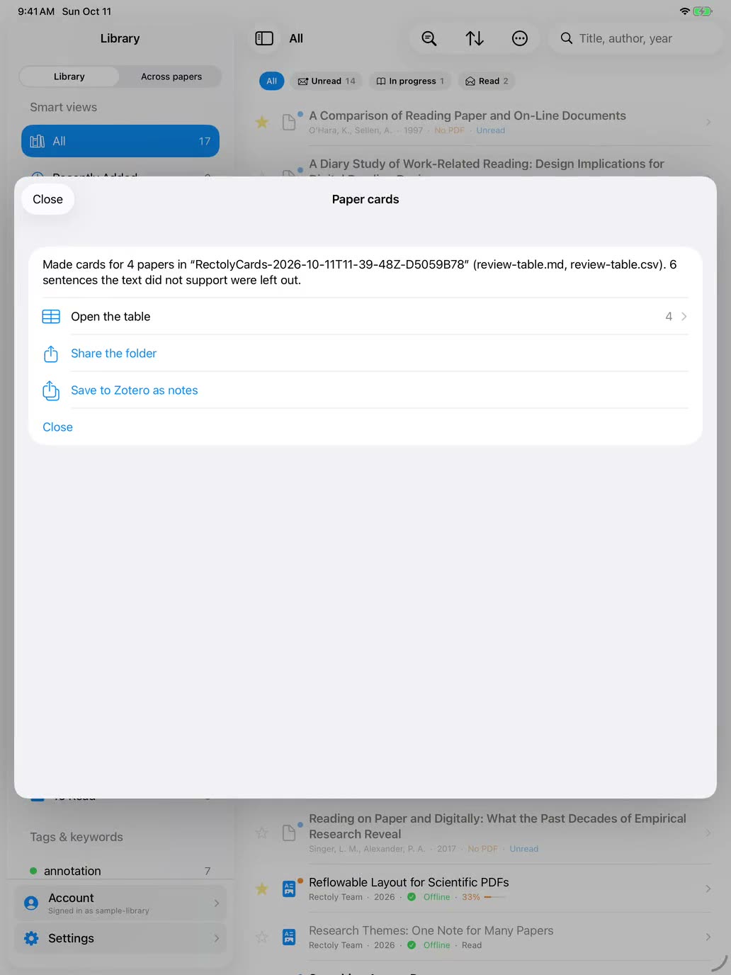 iPad でカードを作り終えたところ。論文 4 本のカードと、本文で確かめられなかった文の数