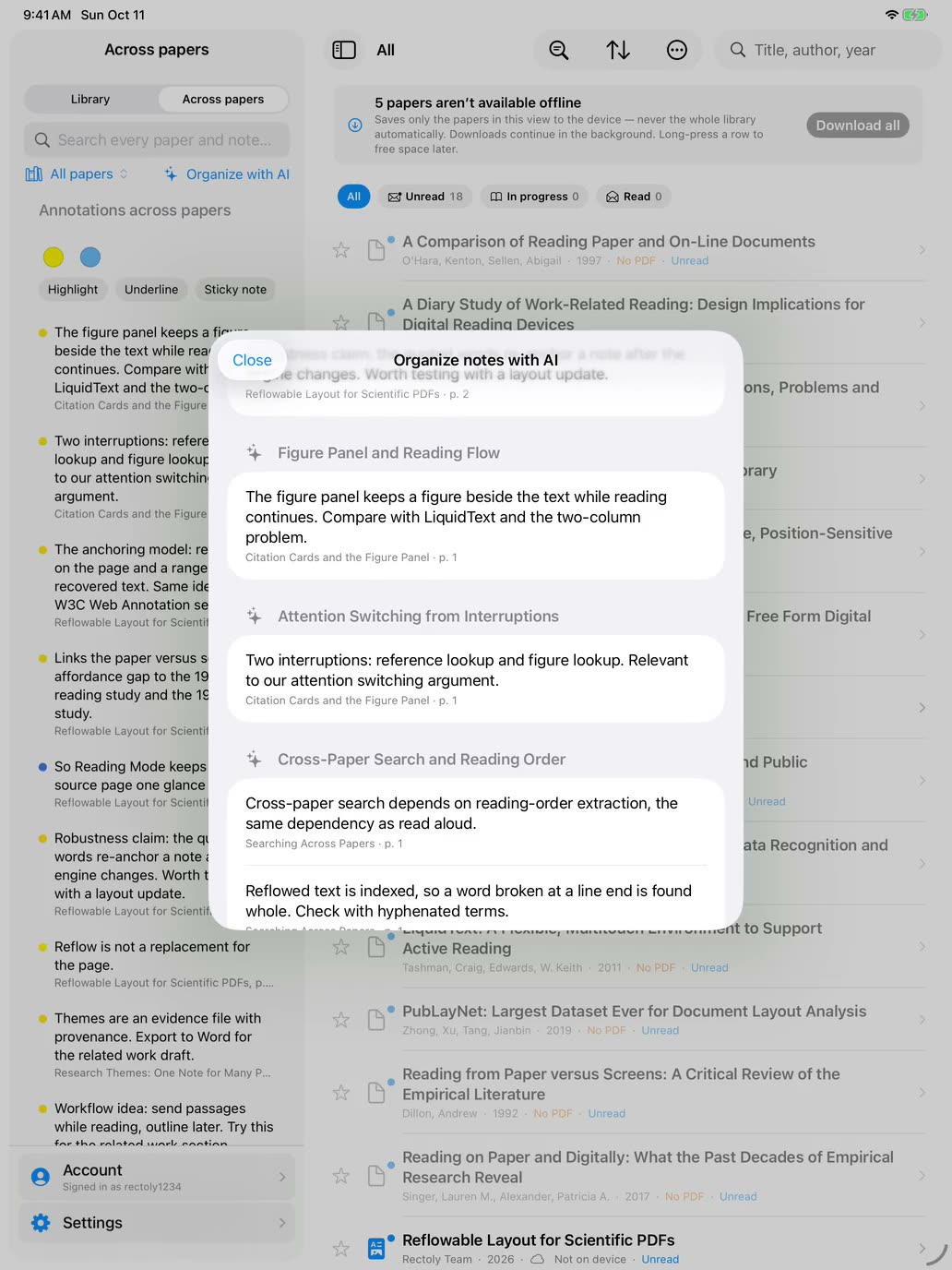 iPad の Rectoly。「論文を横断」に、たくさんの論文のノートが AI の付けた見出しごとに並んでいる
