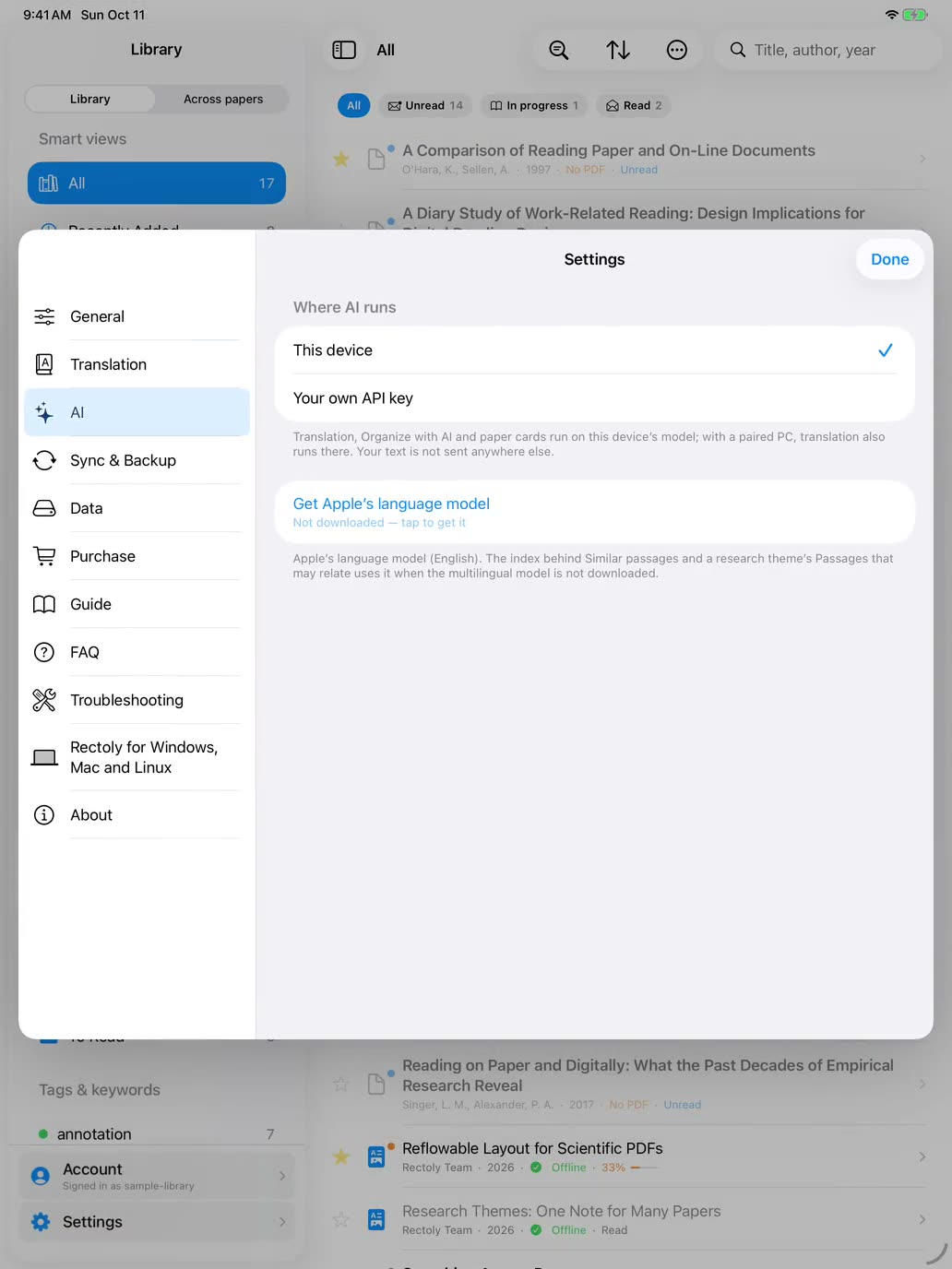 iPad の設定 › AI。「処理する場所」で「この端末」が選ばれ、「自分の API キー」を選ぶと送る前の確認が出る