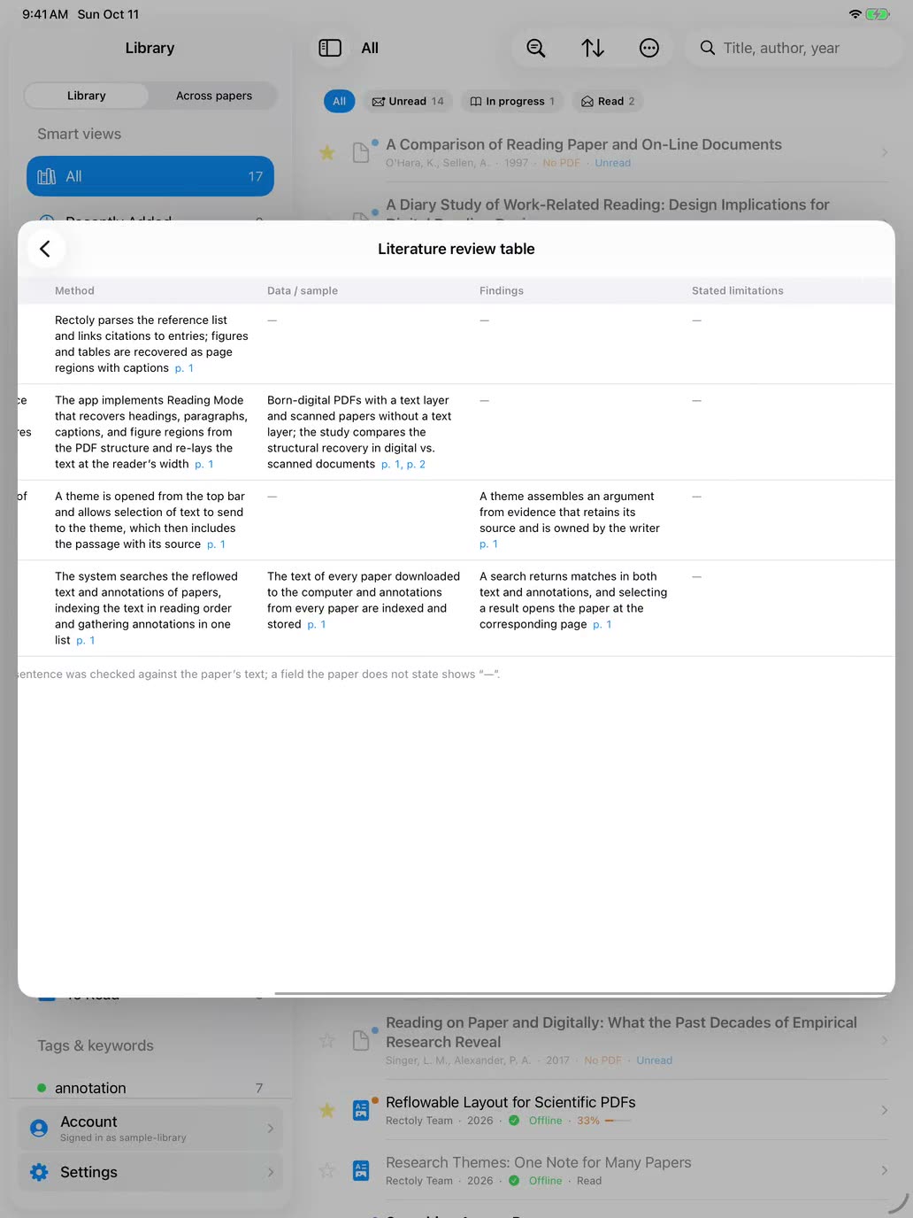 iPad の文献レビュー表。1 行 1 論文で、横に送ると 5 つの列が順に出る