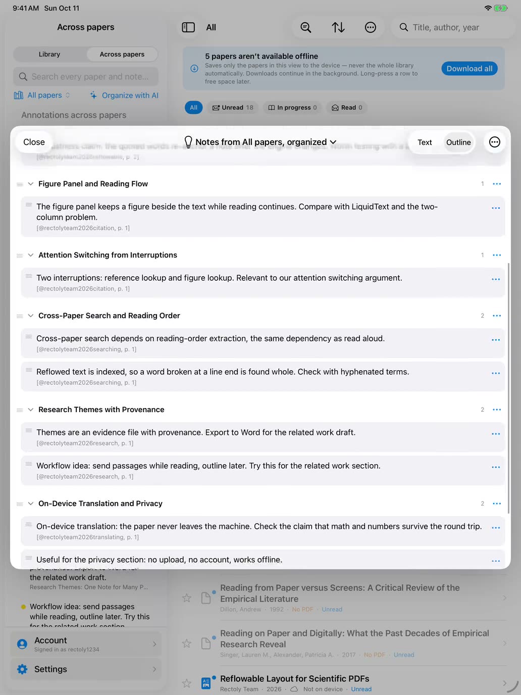 iPad で、結果を研究テーマとして保存して開いたところ。アウトラインに見出しとノートが並んでいる