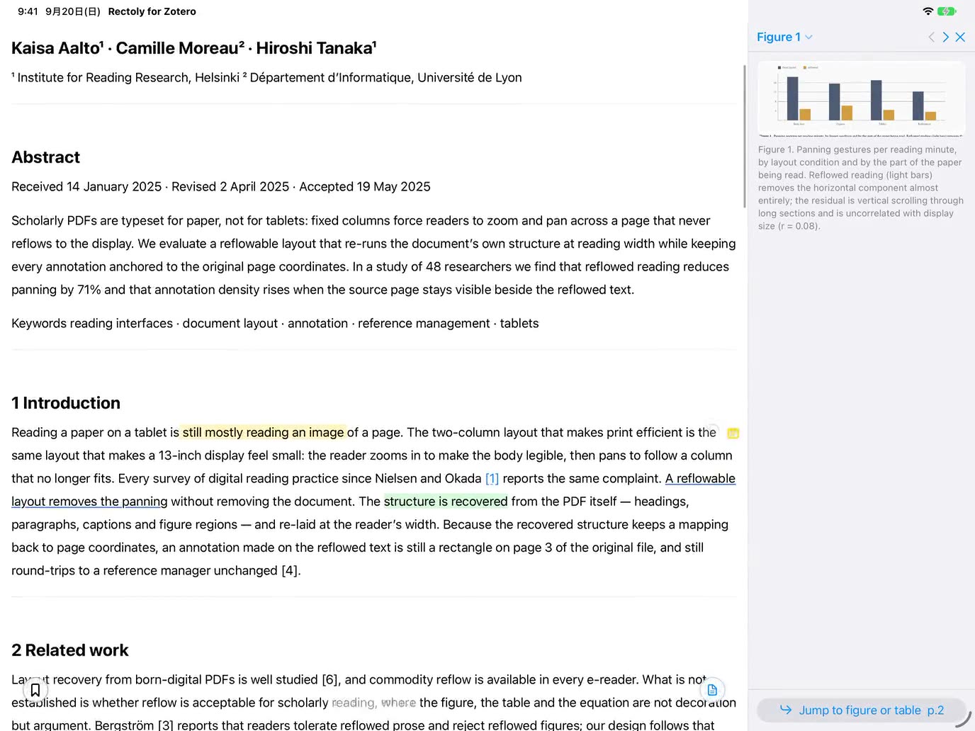 Rectoly on iPad with a figure pinned beside the reflowed text