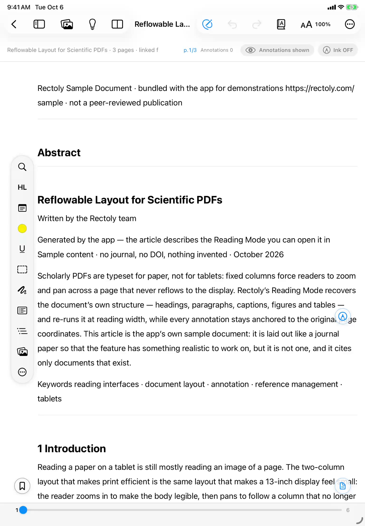 Rectoly for Mendeley — a paper in Reading Mode on iPad, beside its source page, highlighted and annotated with Apple Pencil