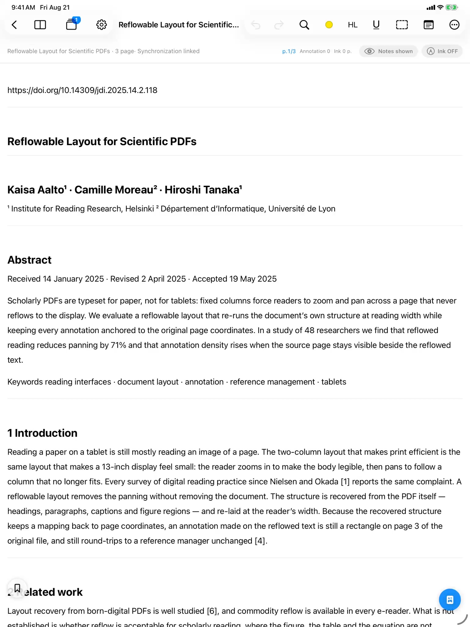 Rectoly on iPad: a paper in Reading Mode beside its source page, highlighted and annotated with Apple Pencil